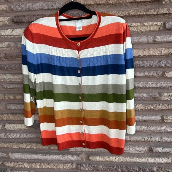Orvis Colorful Striped Silk Cotton Cardigan Sweater Size Large - Picture 5 of 5